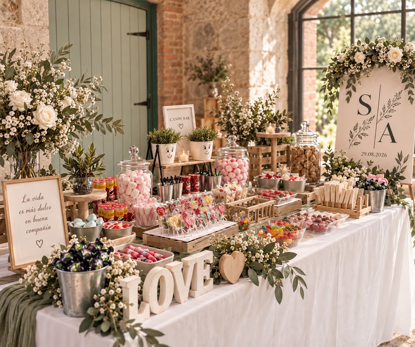 Mesa de candy bar con tarros de golosinas, flores blancas y letras LOVE