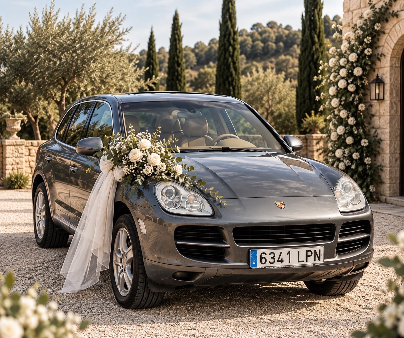 Coche de novios gris decorado con un ramo de rosas blancas y tul